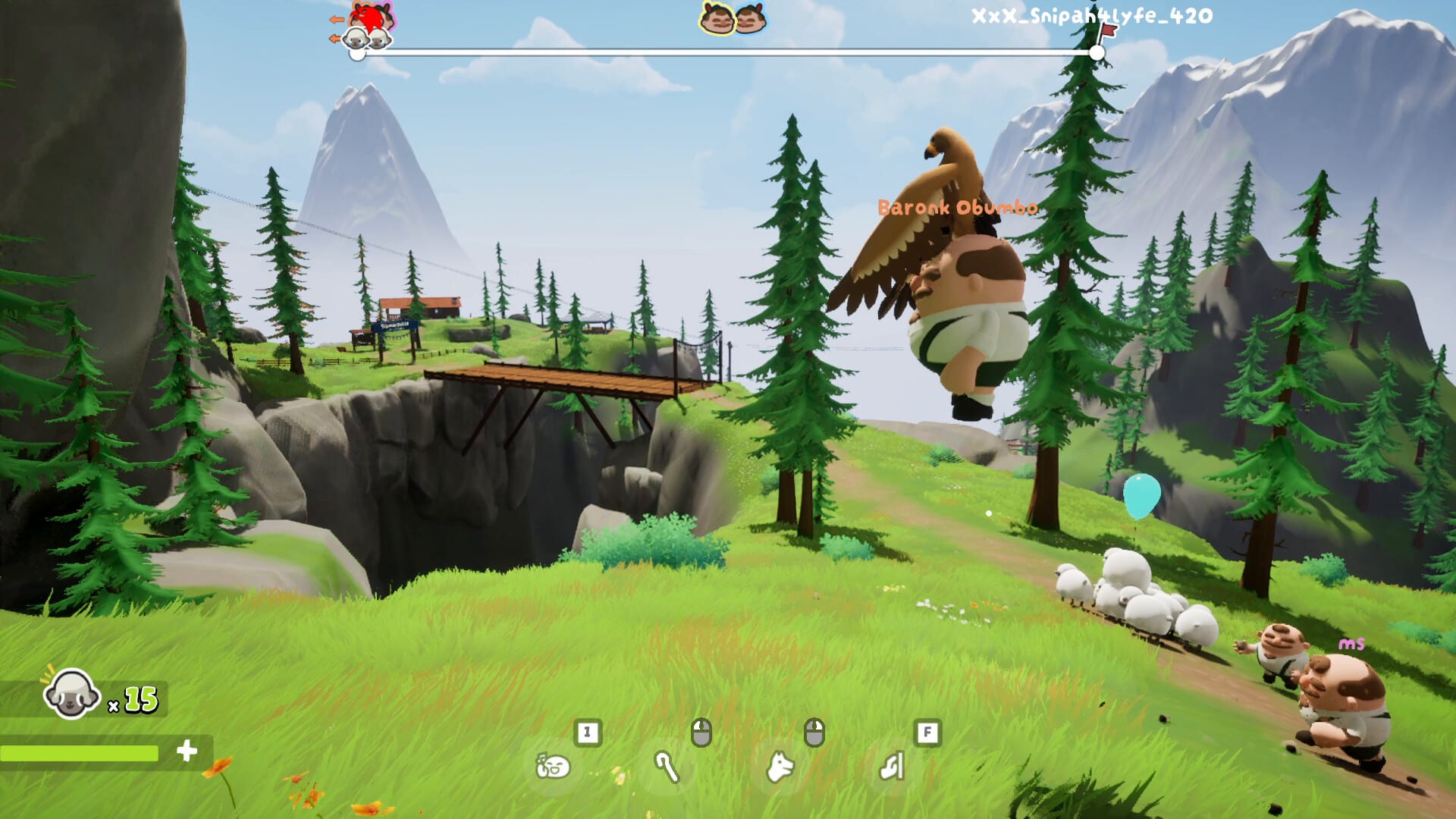 An eagle carrying a farmer through the air above a grassy meadow, with a small flock and two more farmers on the path below and a bridge over a ravine in the distance.