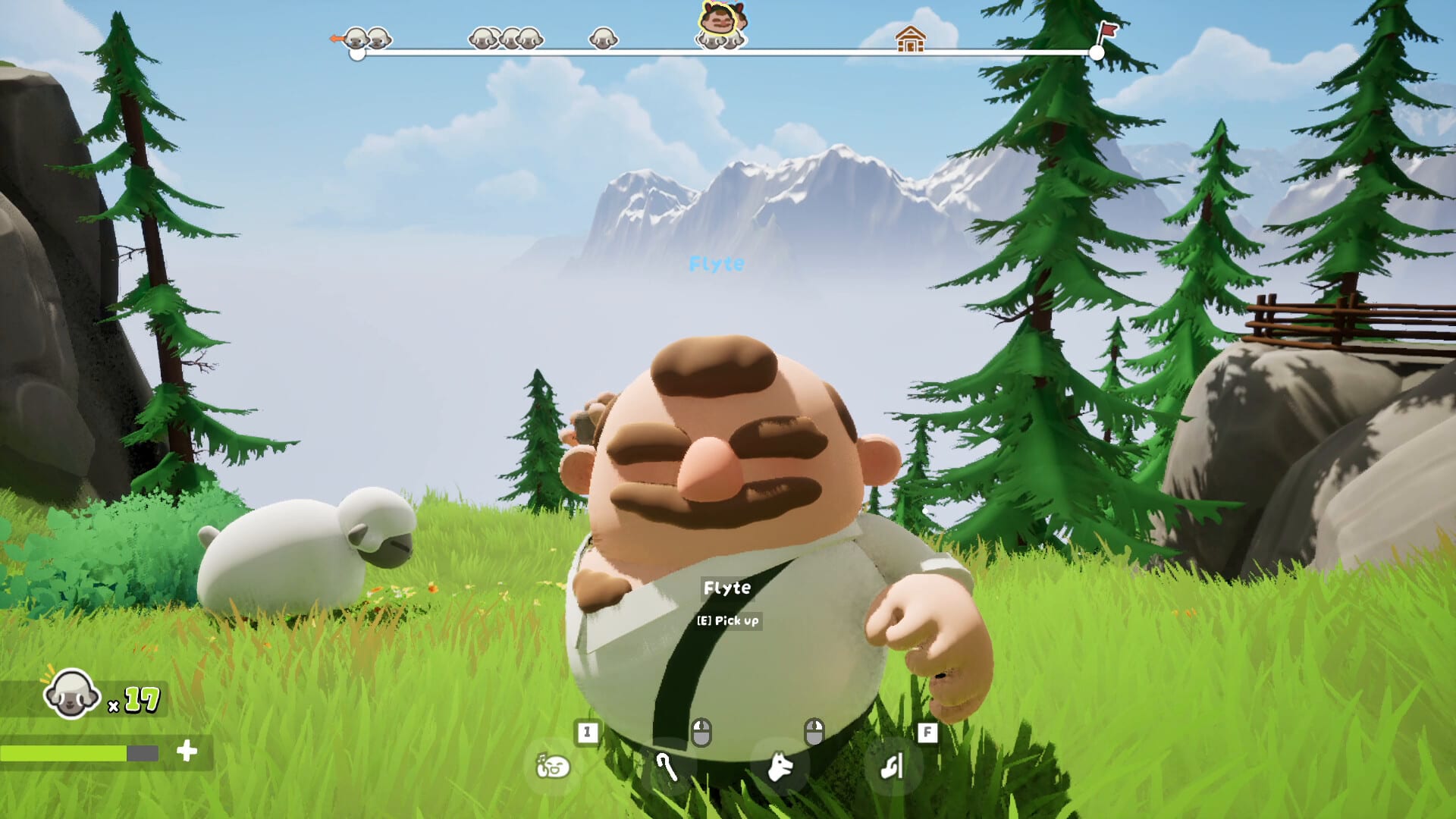 A farmer with a big moustache and his eyes closed standing in tall grass next to a sheep, pine trees and a rocky cliff behind.