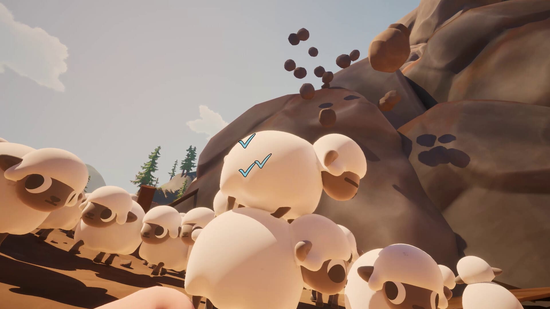 A crowd of sheep packed together at the foot of a rocky slope as a rockslide tumbles down towards them.